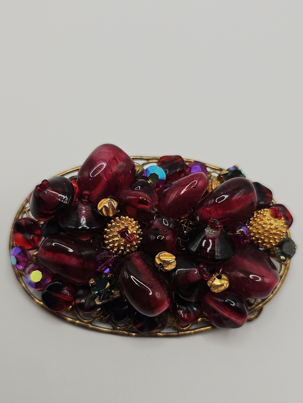 Vintage Miriam Hadkell Large Hand Wired Unsigned. Cramberry, Gold Beads.